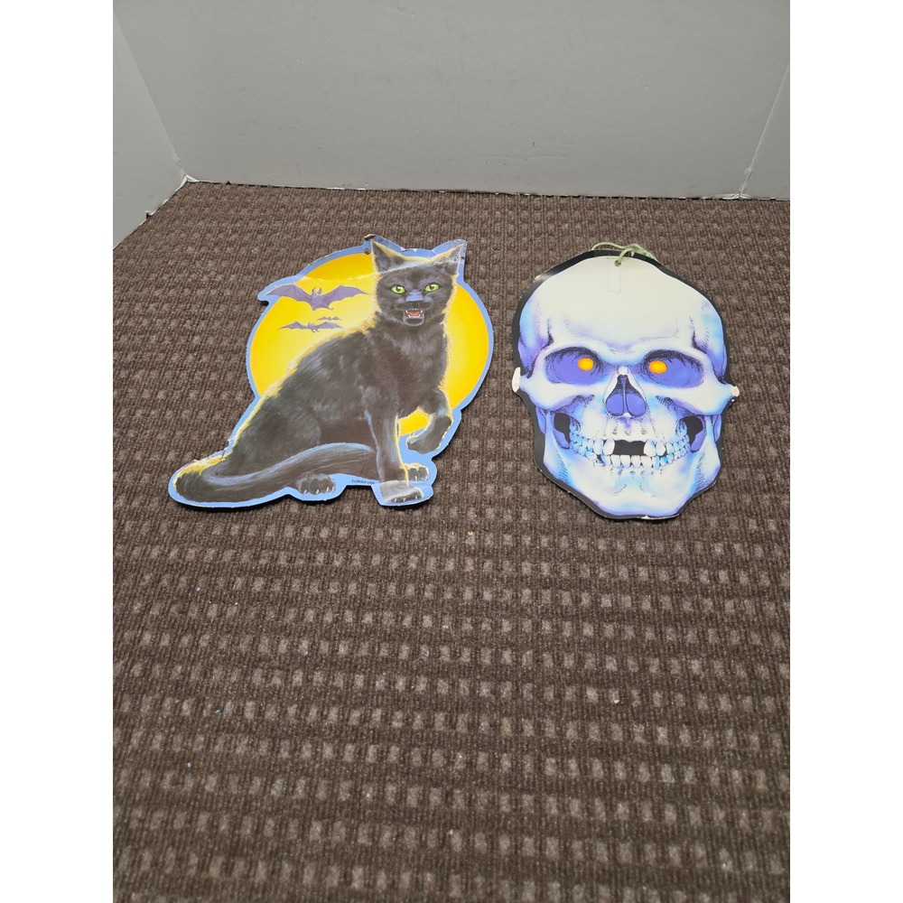 Vintage Die Cut Halloween Decorations Black Cat Skull Set Retro Spooky Decor